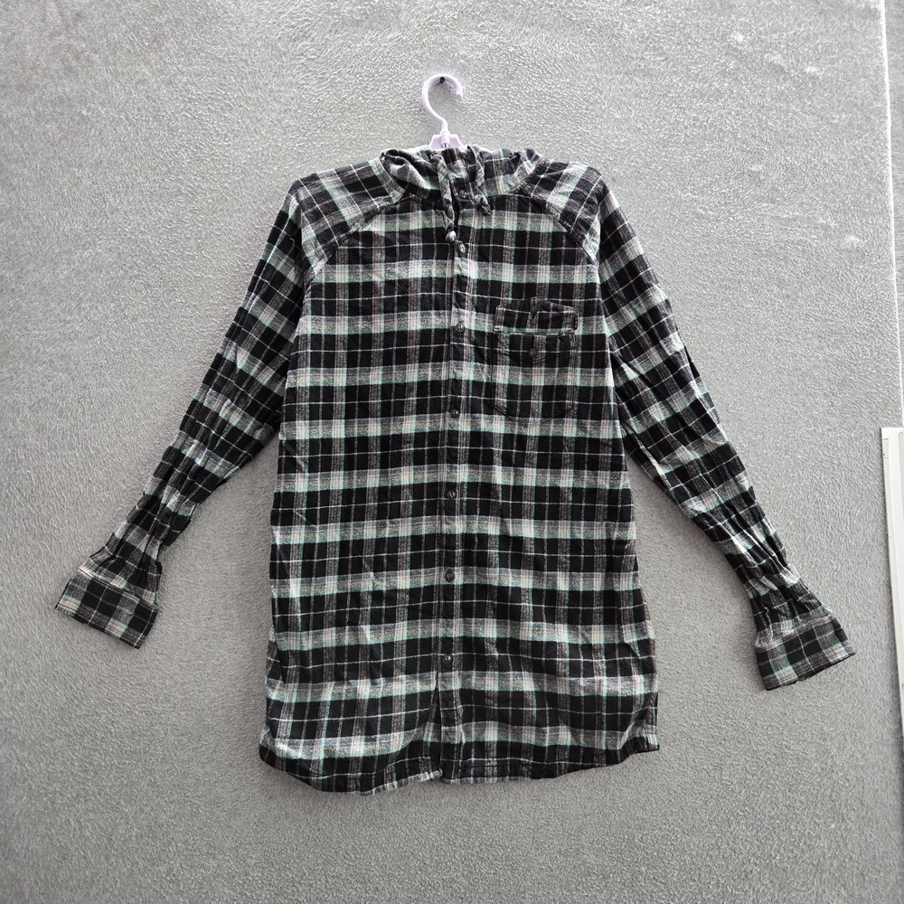 Fox Men Button Up Shirt L Black Plaid Flannel Hooded Logo Long Sleeve